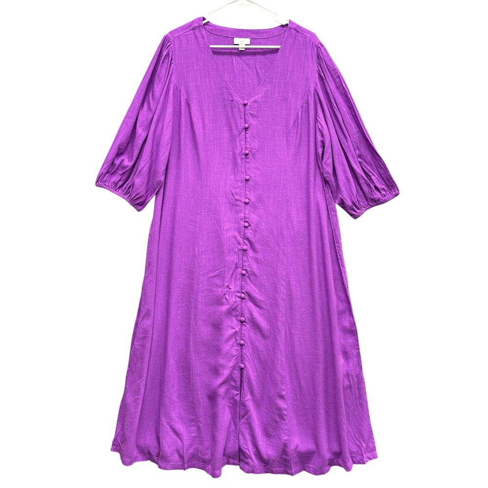 J Jill Purple Linen Blend Button Front 3/4 Sleeve Midi Dress Lagenlook Womens XL